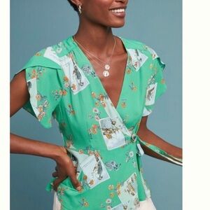 Anthropologie Green Wrap Top